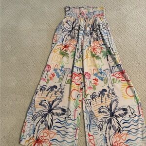 Corey Lynn Calter Smocked Waist Wide Leg Tropical Print Pants - White Multi